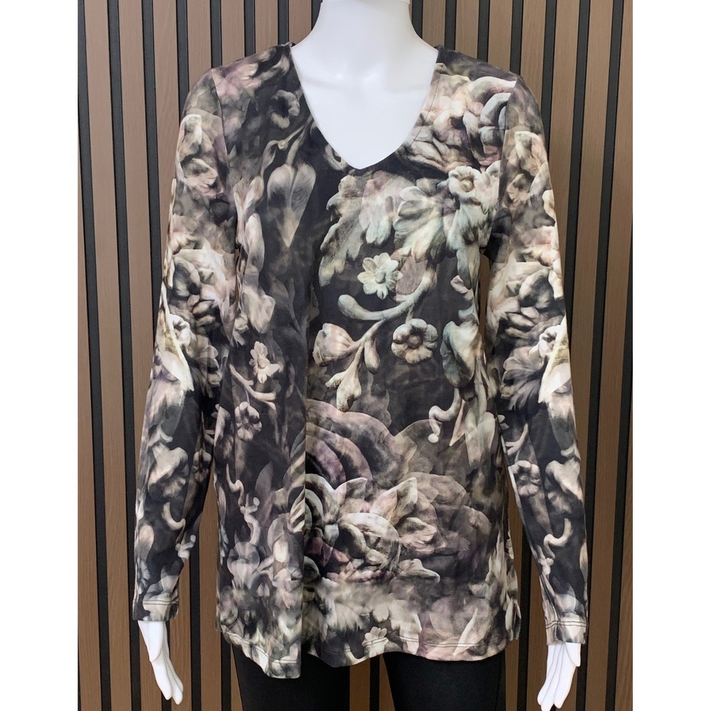 Soft Surroundings Floral V-Neck Long Sleeve Top Black Women's Small Casual‎